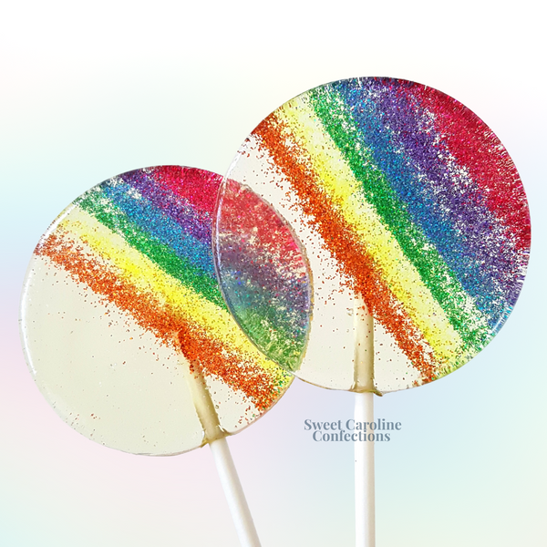 Rainbow Sparkle Lollipops with edible glitter.