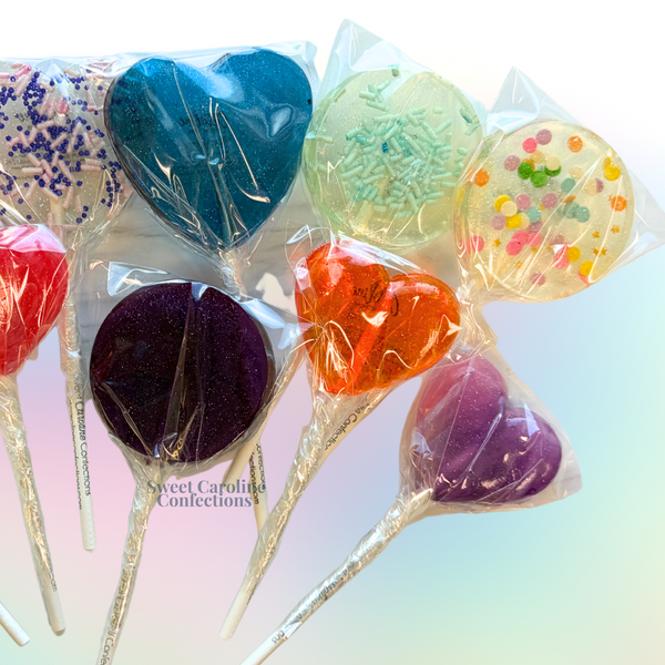 A set of 10 assorted sparkle lollipops in various colors and designs, perfect as mixed party favors for an adult birthday celebration.