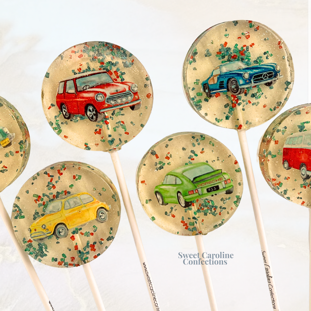 Retro-themed vintage car lollipops with colorful sparkles, perfect for a 