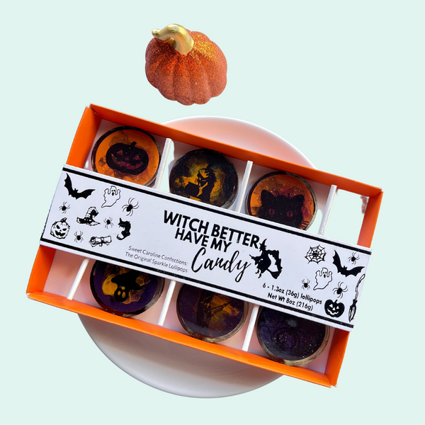 Witch Better Have My Candy Halloween gift box with spooky lollipops from Sweet Caroline Confections.